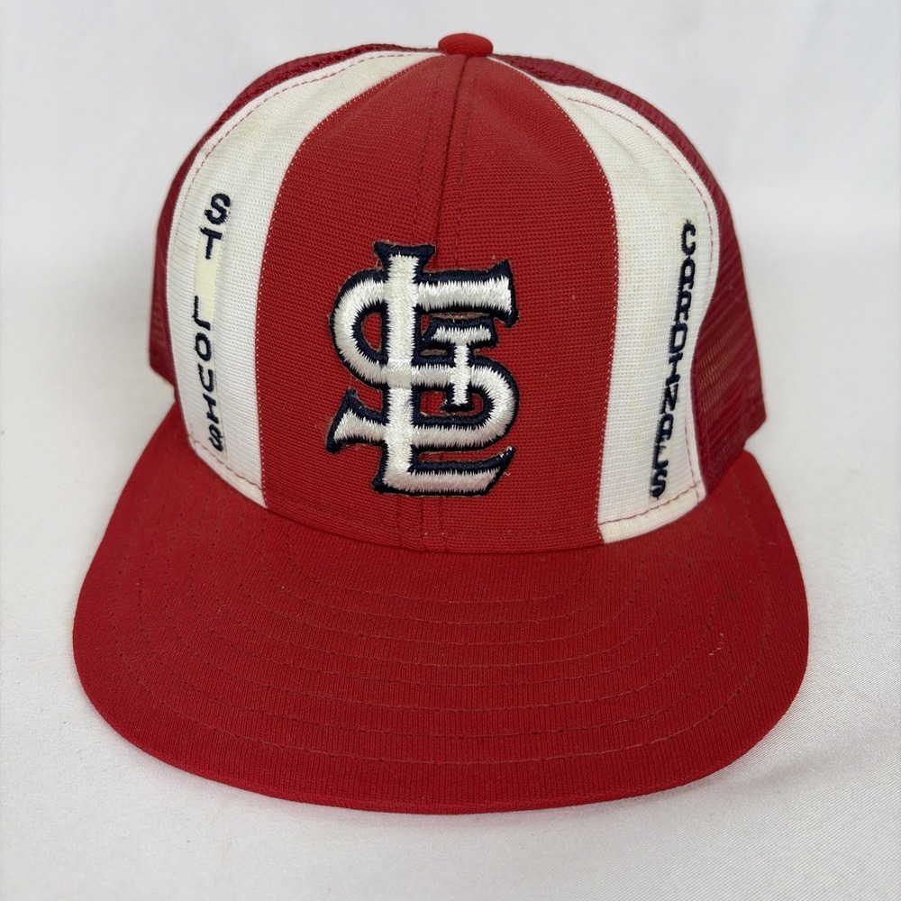 Vtg St Louis Cardinals Lucky Stripes Trucker Cap Spell Out Logo Baseball Snap
